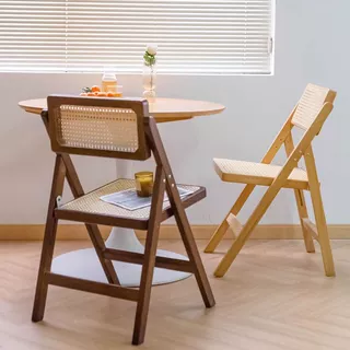 北欧藤编餐椅中古网红家用阳台简约便携休闲椅子实木折叠餐椅