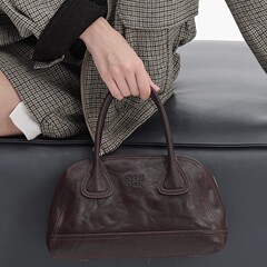 西泊克オリジナルの新型百合中号ボーリングバッグ植なめ牛革手提げバッグ本革シングルショルダーバッグ