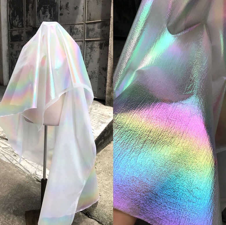 人鱼幻彩七彩纱珍珠纱亮光渐变镭射透明汉服礼服装网纱设计师面料