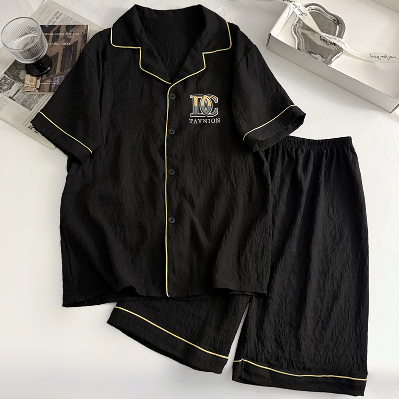 Pajamas Men's New Summer Cloud Cotton Short-Sleeved Cardigan Black High-End Home Clothes Two-Piece Set Real Shot Wholesale