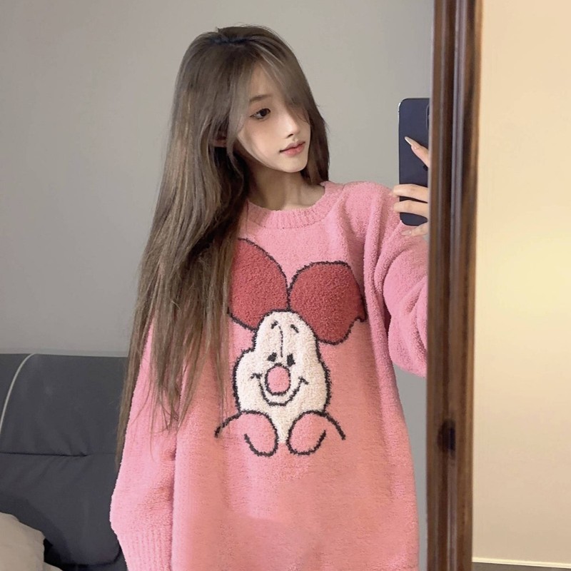 可爱卡通粉色毛绒针织睡衣女冬款2025新款加厚保暖长裤家居服套装|undefined