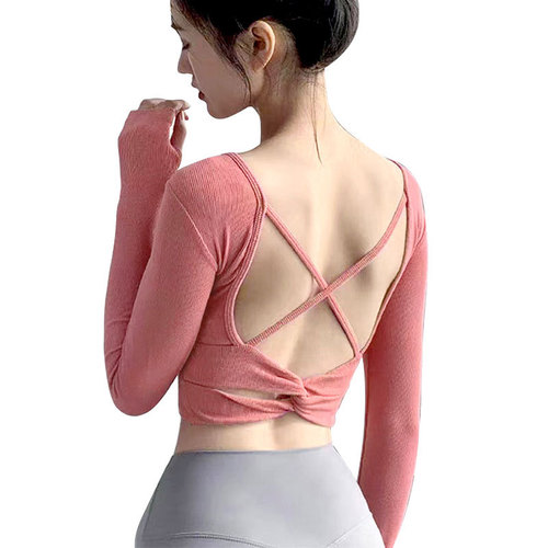 European and American fitness sexy beautiful back yoga clothes with chest pad running yoga top long-sleeved elastic quick-drying sports vest