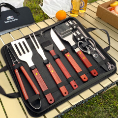 アウトドアキャンプバーベキューツールコンビネーションステンレスバーベキュー器具セット木柄フォークシャベルBBQアクセサリー布袋
