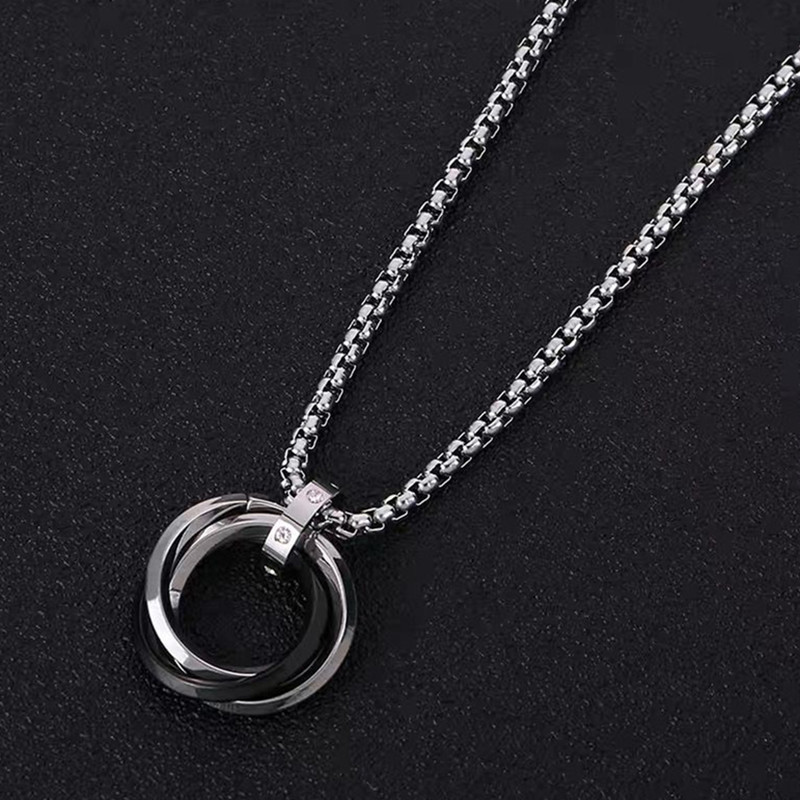 Stainless three ring hot selling, simple and non fading hip-hop style, titanium steel necklace with diamond pendant for_voghion.com
