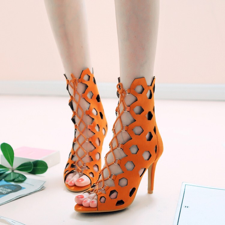 Lace-up Short Shoe Sandals Fish-mouth Sandals Hole Shoes Stiletto Heels 33-43 Large Size Small Size Amazon Foreign Trade Shoes
