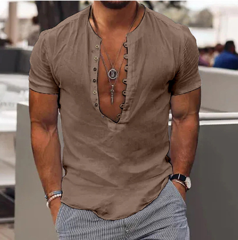 Men's Pullover Shirt Summer Shirt Beachwear Casual Shirt Stand Collar Short Sleeve Solid Color Streetwear Daily Clothing