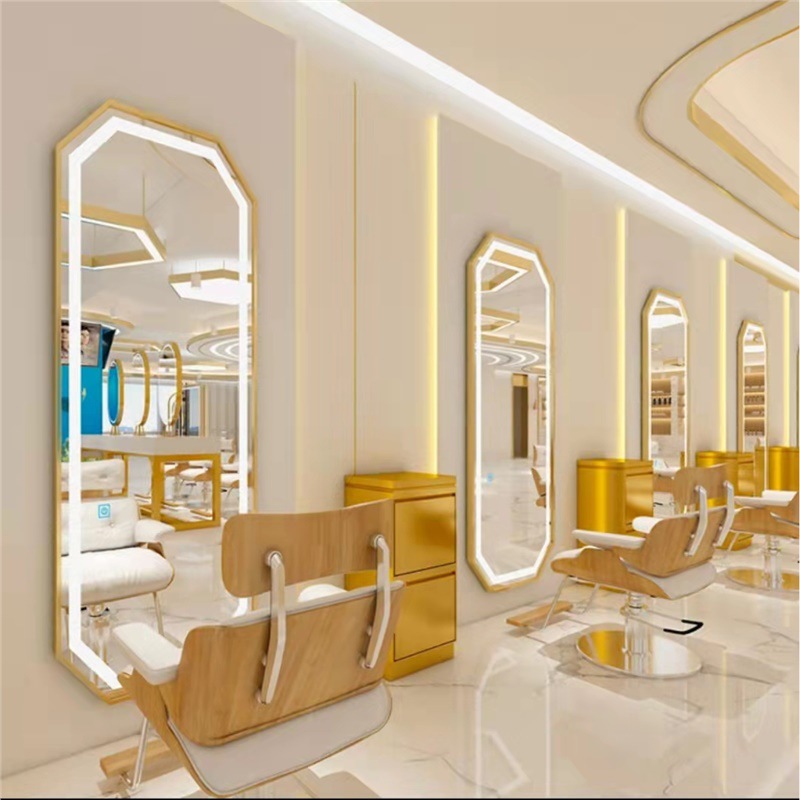 Barbería en línea tabla de espejo salón especial tipo pared simple barbería espejo de piso LED tabla de espejo de escaldado control táctil
