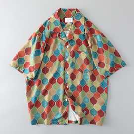 古巴领衬衫男短袖复古夏季垂感冰丝潮牌潮流外套外贸出口男装衬衣