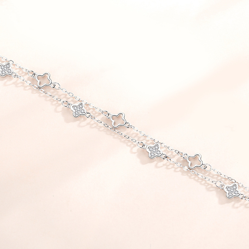 四つ葉のクローバーブレスレット女性用スターリングシルバーフォレストスタイル二層ブレスレットライトラグジュアリーシンプルインスタイルハンドジュエリーバレンタインデーギフトドロップシッピング|undefined