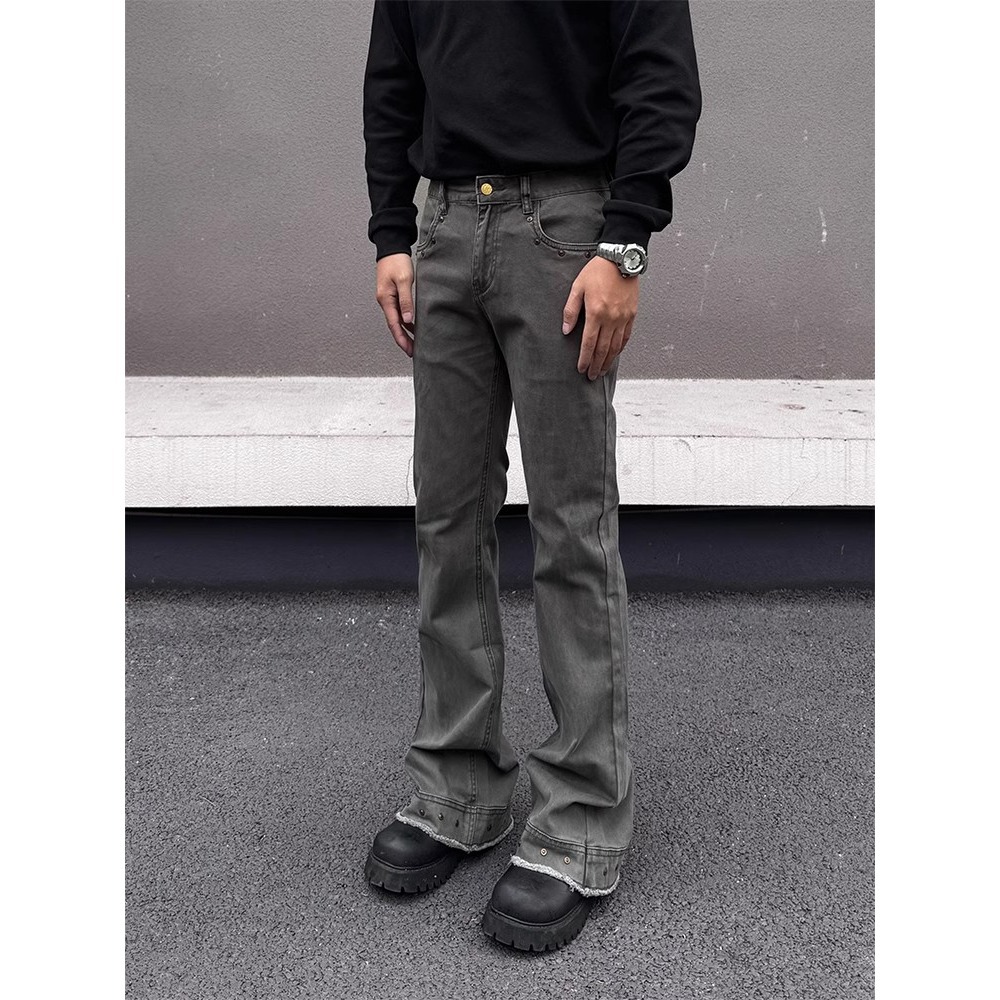 Retro Patchwork Streetwear Jeans Grey Black Men's Distressed Denim Button Fly Slight Flare_voghion.com