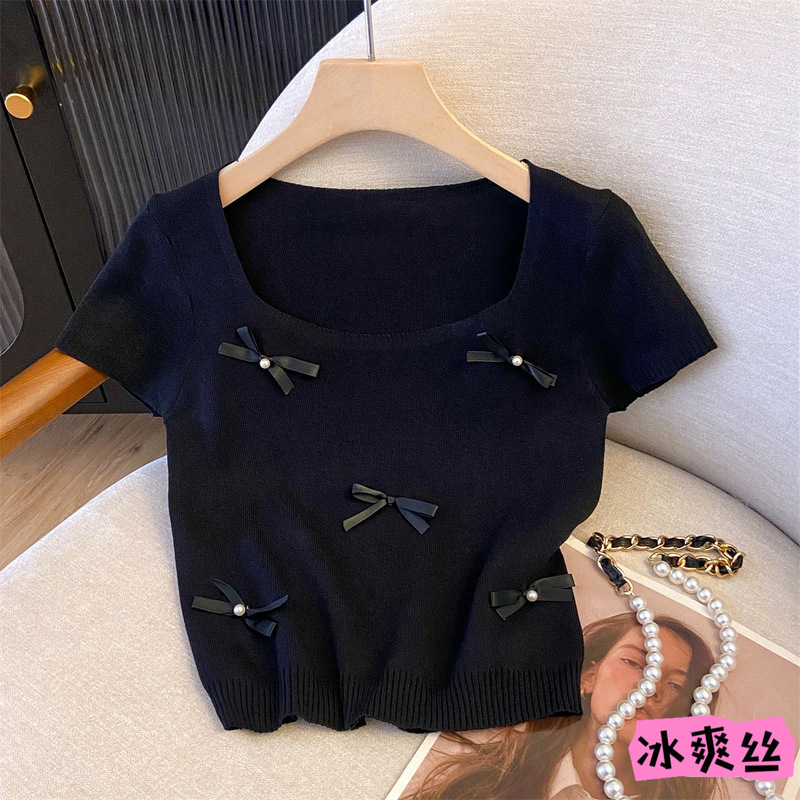Counter Withdraws Big Brand Cut Label French Square Collar Short-sleeved Knitted Sweater Women's Summer Bow Age-reducing Short Top Counter Withdraws Big Brand Cut Label French Square Collar Short-sleeved Knitted Sweater Women's Summer Bow Age-reducing Short Top