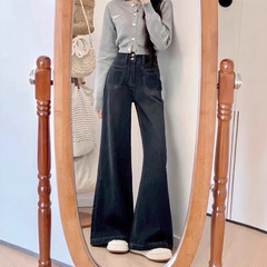 大きいサイズのレトロな直筒のジーパンの女性の春秋の太っているmmのナシの形の体つきのゆったりしている腰はやせています。