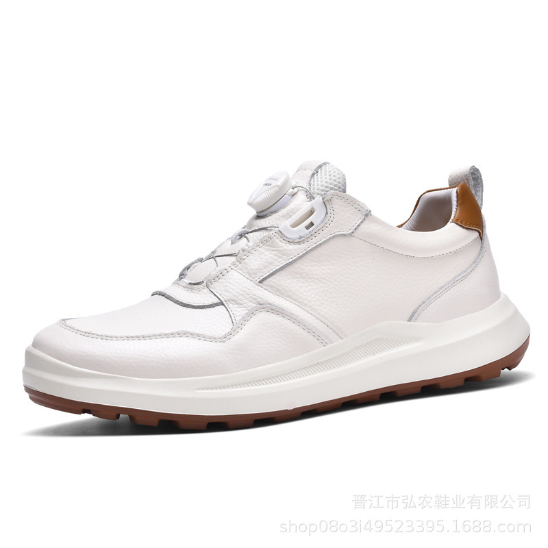 E家新款头层牛皮男鞋商务运动鞋旋转纽扣免系带轻便厚底休闲皮鞋|undefined