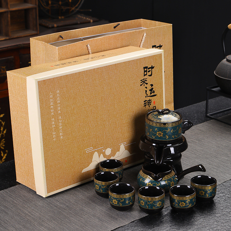 哥窑半自动时来运转茶具复古仿石磨茶具套装懒人防烫陶瓷礼品