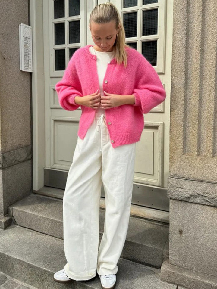 Áo cardigan len dệt kim dáng mỏng nhẹ cài nút một hàng, tay dài cổ tròn nữ — hoa hồng đỏ, màu be, màu cam, màu hoa cà chi tiết 27