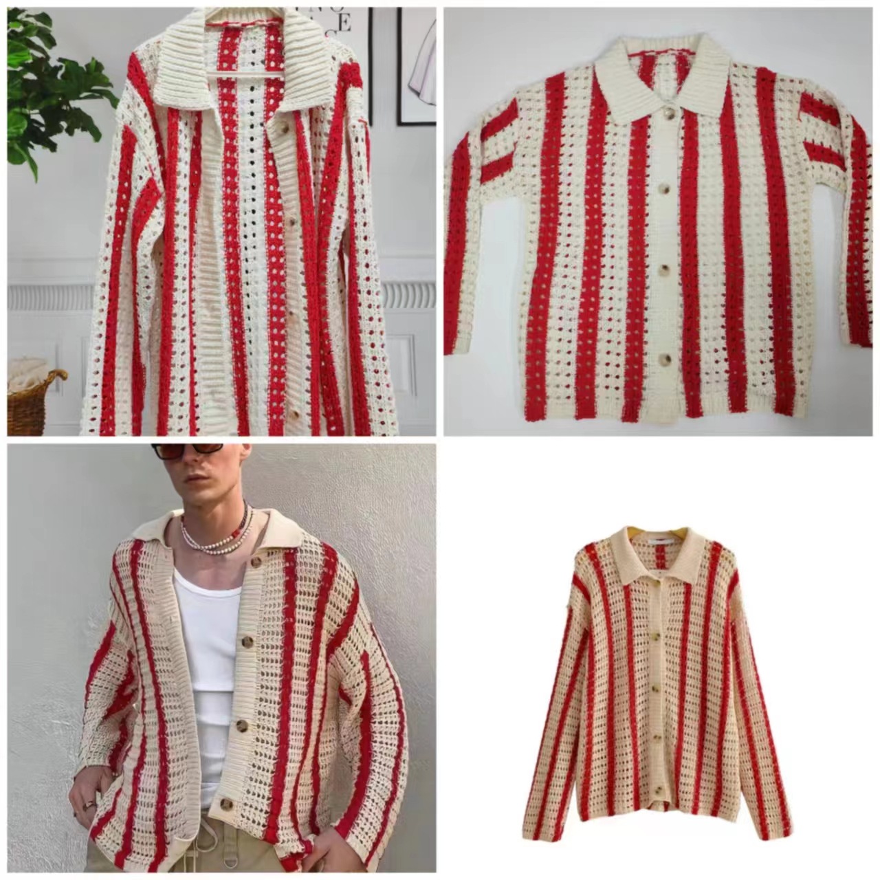 SweaterCrochet StripedThread Lapel Knit Cardigan