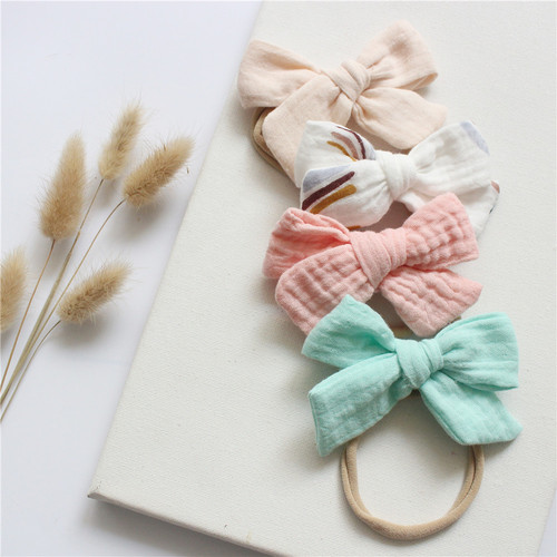 4-pack Baby Cotton Gauze Bow Headbands Set for Toddlers Ultra Soft Elastic Hair Accessories for Kids