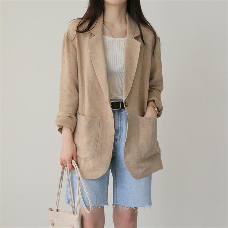 2026 Spring/Summer Korean New Style Herringbone Linen Loose Simple Women's Long-Sleeve Casual Blazer