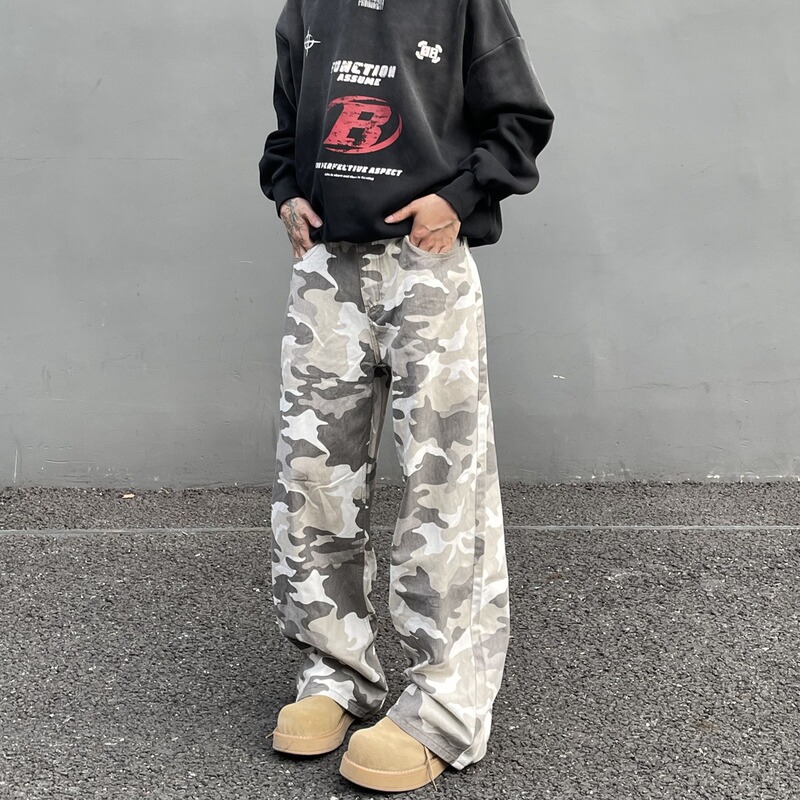 American Retro Gray-White Desert Camouflage Jeans Men's Straight-Leg Lumberjack Cargo Pants Flared Casual Long Pants Trendy
