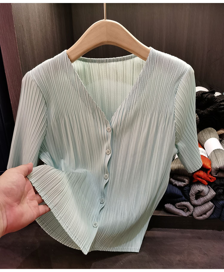 Áo cardigan cổ chữ V tay ngắn nữ phối nút đơn chất liệu mỏng mùa xuân hè — Màu xanh lục nhạt, Màu đen, Màu tím nhạt, Màu hồng chi tiết 18