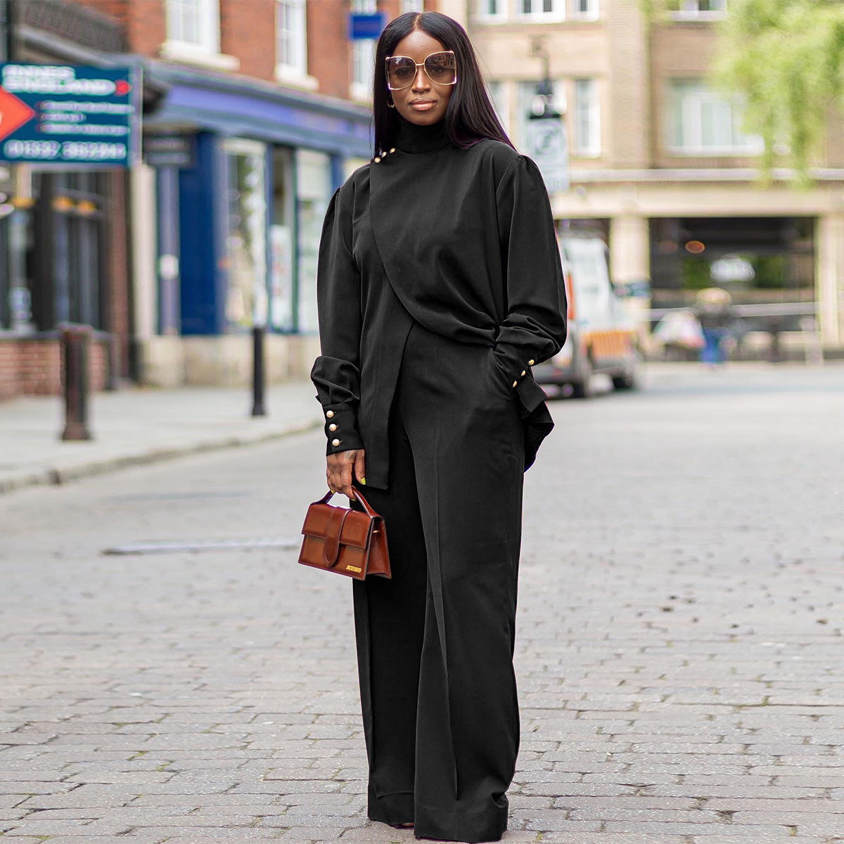 Women's Turtleneck Pant Set Two Piece Long Sleeve Split Outfit_voghion.com