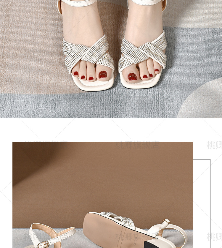 Sandal cao gót nữ da thật đế mềm gót vuông phối váy — Màu đen chi tiết 7