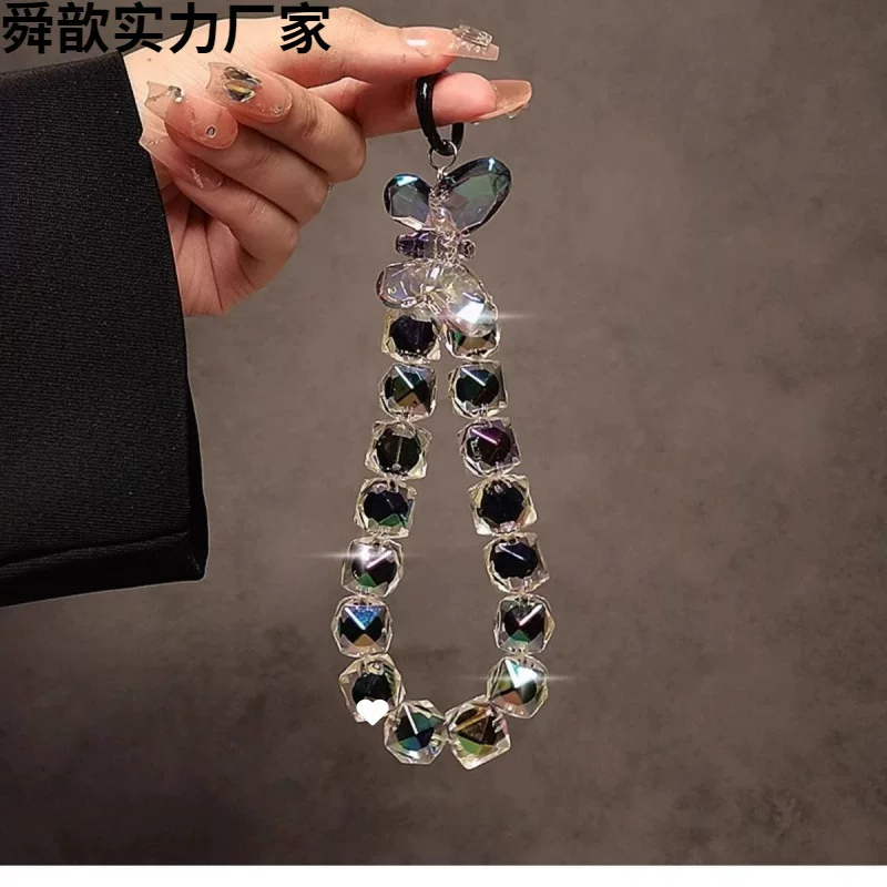 Black mobile phone, handheld beaded bracelet, chain, strap, pendant