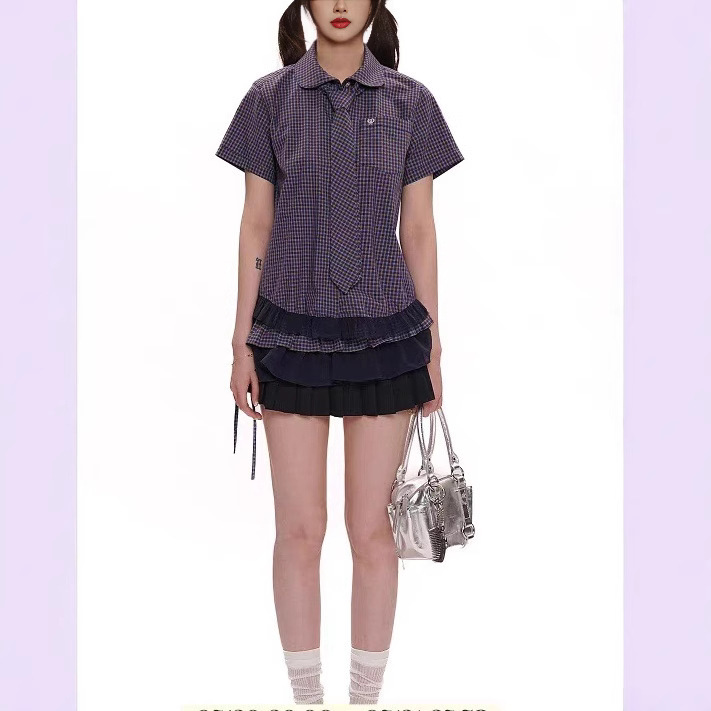 Retro Plaid Doll Collar Hem Lace Short-sleeved Shirt/Mesh Plaid Stitching Double-layer Fart Curtain