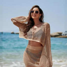 2023跨境亚马逊新款欧美针织衫套装喇叭袖宽松镂空度假防晒衣女