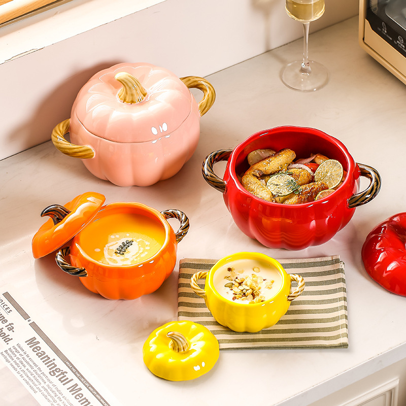 Ceramic Pumpkin Double-ear Big Soup Bowl with Lid Household Swine Pot Creative Soup Large-size Soup Basin Anti-scalding Noodle Bowl