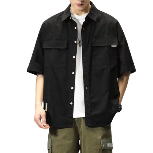 Ins trend brand functional five-pocket short-sleeve work shirt for men, Korean style loose couple casual half-sleeve military green