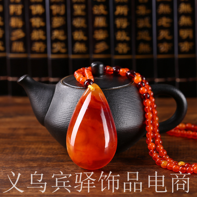民族风仿蜜蜡毛衣链新款二代琥珀串珠吊坠女款服饰项链直播福利小