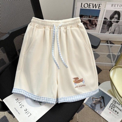 Cute Embroidered Puppy Patchwork Plaid Shorts for Women, Sweet and Casual Summer New Versatile Loose Wide-Leg Pants Cute Embroidered Puppy Patchwork Plaid Shorts for Women, Sweet and Casual Summer New Versatile Loose Wide-Leg Pants