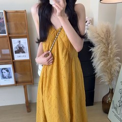 フランス刺繍中空レトロドレス女性のための 2025 夏のデザイン美しいロングスカート