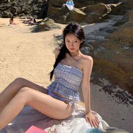 甜美小清新格子泳装抹胸露背分体两件套比基尼温泉度假泳衣性感女