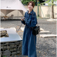 胖mm大码斤法式复古独牛仔连衣裙女春秋感气质衬衫长裙