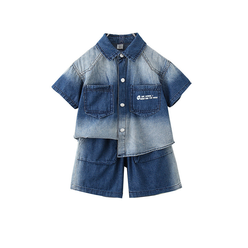 7381 traje de verano para niños camisa de mezclilla para niños pantalones cortos de manga corta 2025 nuevo estilo bebé versión coreana pantalones de cinco puntos marea