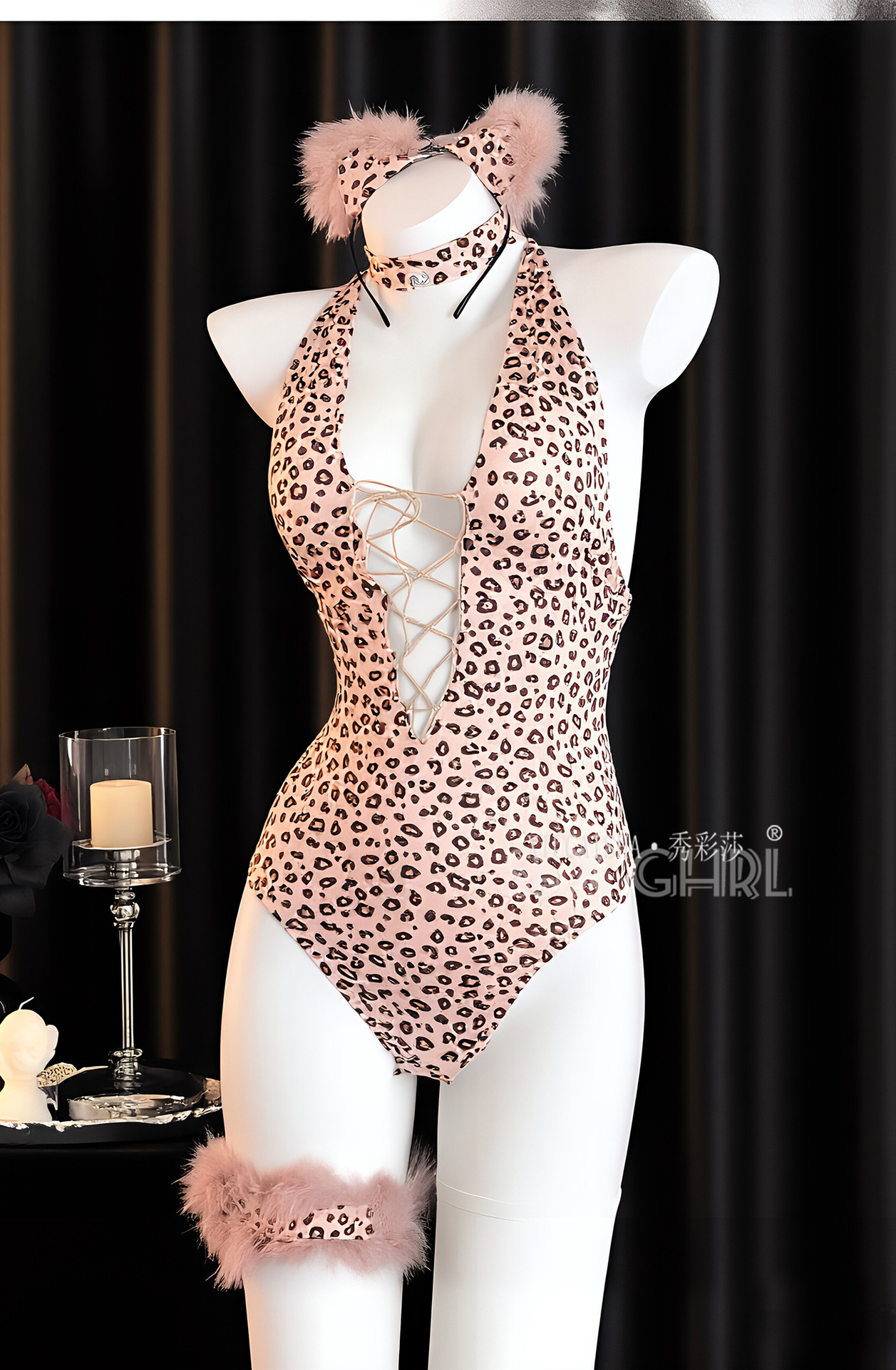 Leopard Print Open-Crotch Lingerie Set with White Seamless Stockings, One Size — detail image 8