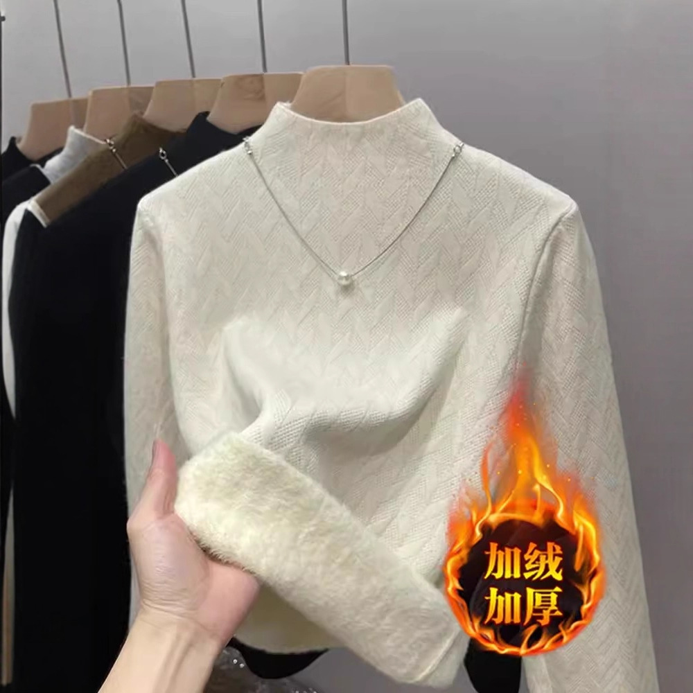加绒毛衣女秋冬一体绒加厚针织打底衫半高领套头内搭大码保暖上衣