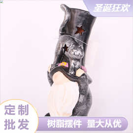 新款大号圣诞节LED发光灯 花园客厅黑色猫猫和圣诞老人树脂摆件
