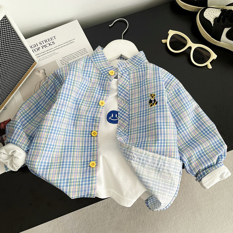 2025 nueva camisa de moda de verano para niños, camisa de dibujos animados a cuadros, ropa infantil de manga larga, nueva moda para niños