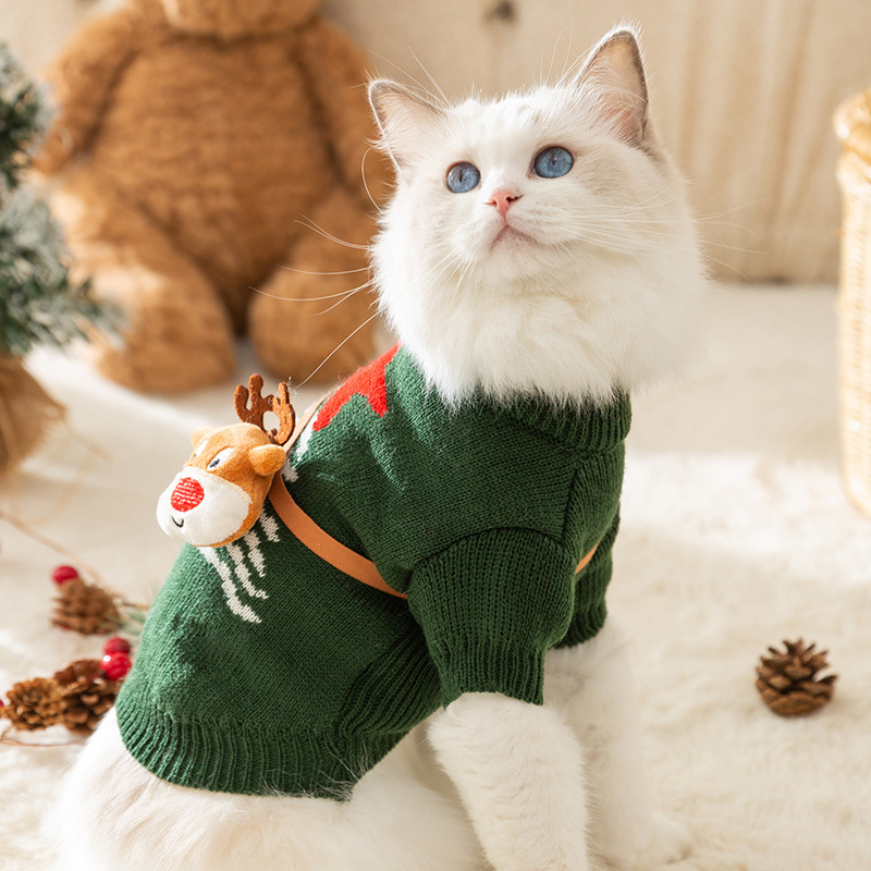 Otoño e invierno gato Navidad alce bolso de hombro suéter de punto cálido de dos pies Halloween perro pequeño ropa para mascotas