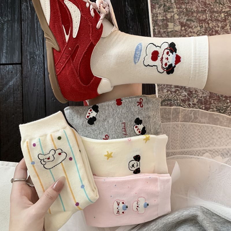 袜子女春秋季可爱透气ins学生日系长筒袜竖条小狗白色卡通中筒袜|undefined