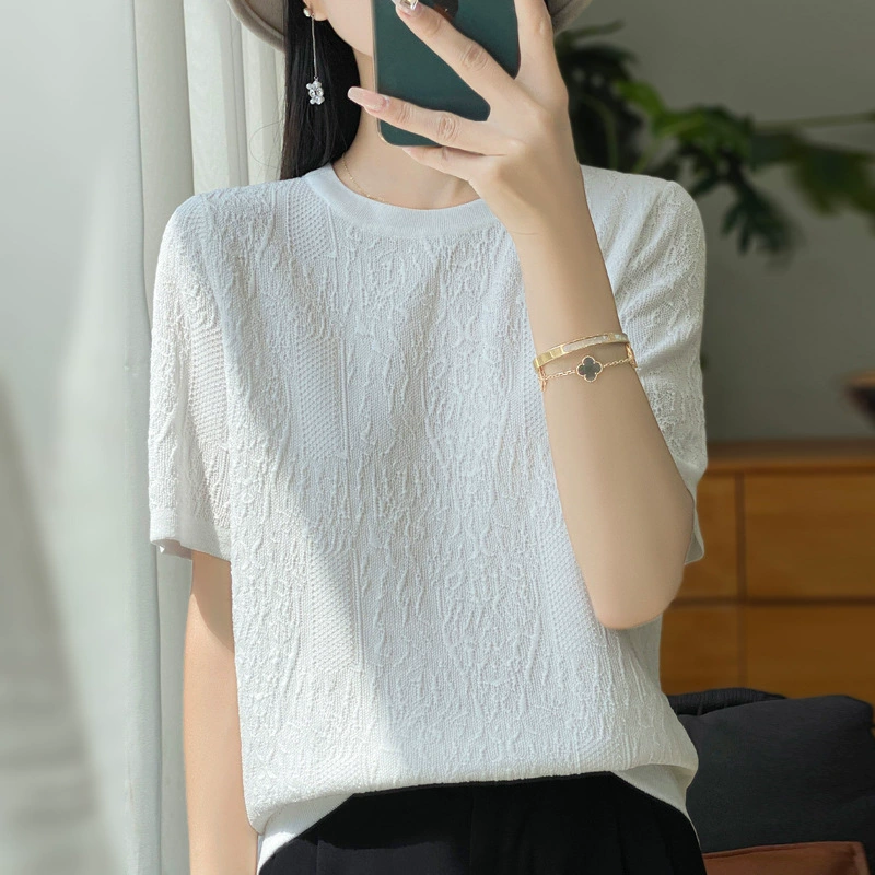 2024 Новый ледяной шелковый круглый воротник тяжелый резной трикотаж с короткими рукавами тонкий сплошной свободный дикий топ