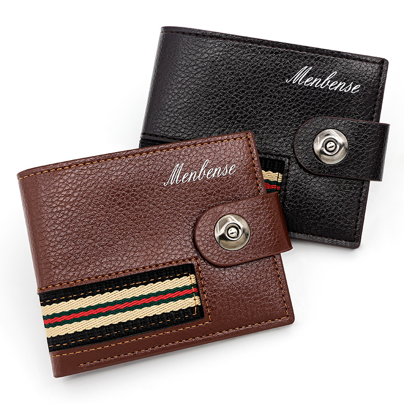 Fashion Ribbon Stitching Men's Wallet Short Litchi Pattern Magnetic Buckle Thin Coin Purse Card Holder Zipper Bag Wallet
