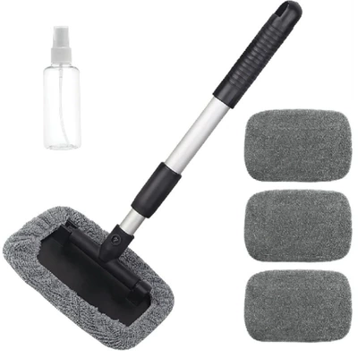 Interior Window Cleaning Kit: Car cleaning tools - square-plate-4-gray-cloth-covers-spray-bottle