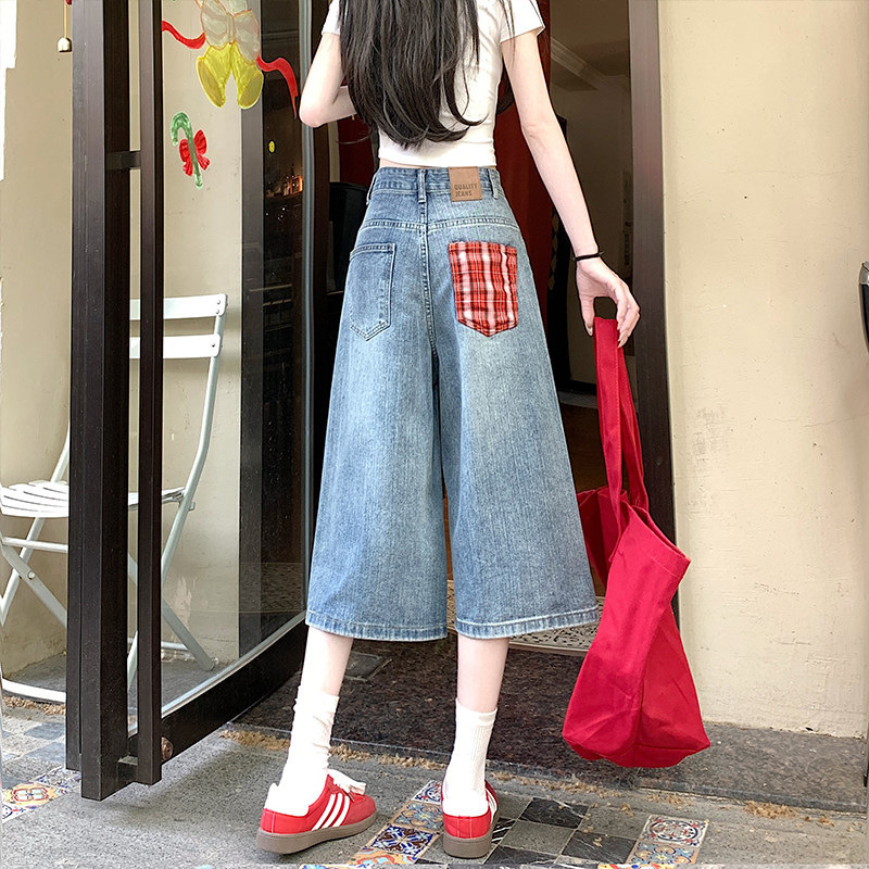 Plaid Patchwork Plus-Size Denim Cropped Pants for Women, New Summer Design, Casual Versatile Loose Straight Wide-Leg Pants Plaid Patchwork Plus-Size Denim Cropped Pants for Women, New Summer Design, Casual Versatile Loose Straight Wide-Leg Pants