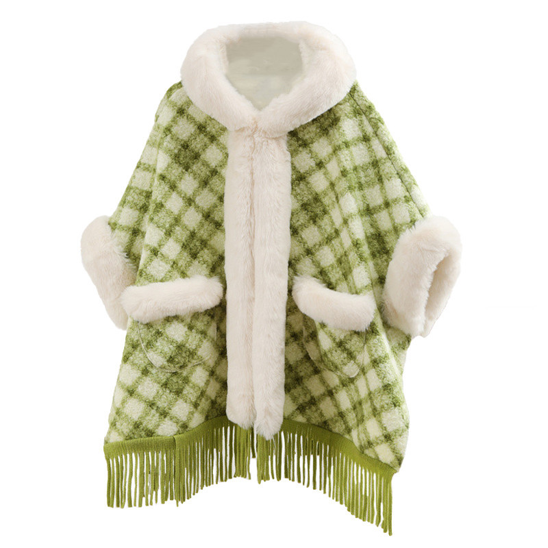 Thick loose cape cape for women and woolen plus-size coat warm wool-collar hooded cape_voghion.com