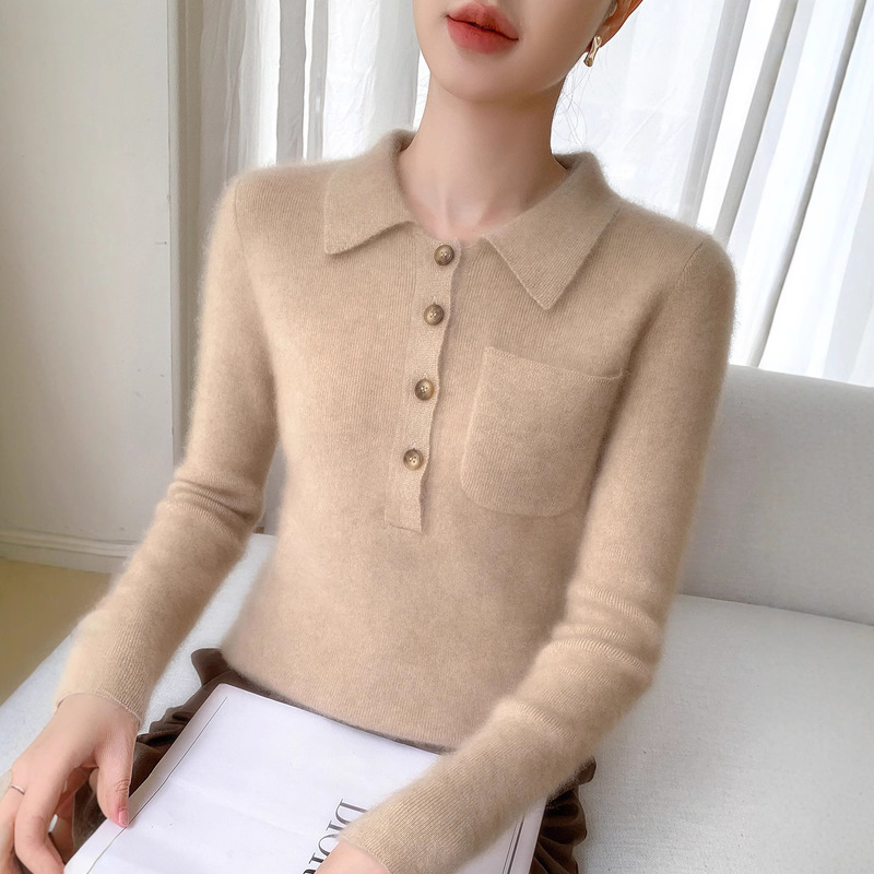 Cross-Border Korean Style Polo Collar Cashmere with Pocket Button Slimming Look Work Clothing Versatile Fine Knitted Knitwear Women's Knitted Long Sleeves
