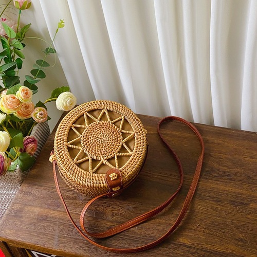 Vietnamese Rattan Round Woven Shoulder Crossbody Storage Bag for Women, Grass Weaving Bag for Travel, Beach and Sand